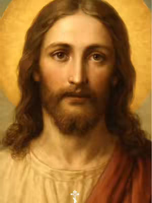 A painted portrait features a man with long brown hair, a brown beard, and blue eyes. He is wearing a cream-colored tunic and a red drape. A gold halo surrounds his head. A subtle crucifix graphic appears near the lower center of the image.