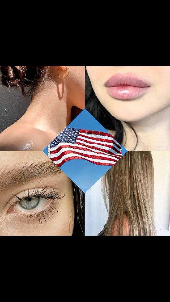 The image is a composite featuring four close-up details and a central element. The top left shows a portion of a person's head and neck, with a small gold hoop earring visible. To the top right, there’s a close-up of full, glossy lips. The bottom left shows an eye with a thick dark mascara. The bottom right shows brown hair. In the center is a diamond-shaped element showing the American flag against a blue sky.