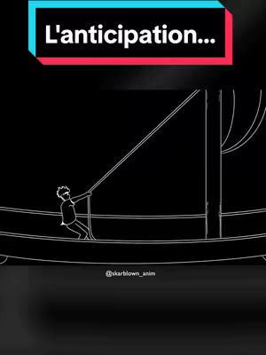 A stark black and white animated image. A stylized boat is shown against a black background, with a figure pulling on a rope. Above the boat, a text overlay in a colored box reads 'L'anticipation...'. The overall composition is minimalist and focused on conveying a specific message.