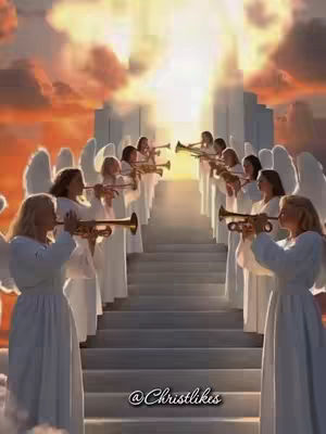 An illustrated image depicting a heavenly scene. Staircases lead up to a bright light, with angelic figures dressed in white robes, each holding a trumpet. They appear to be playing the instruments, and wings are visible on the figures. The sky is filled with clouds and a golden-yellow light emanating from above.