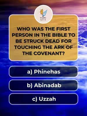 The cover image displays a quiz question about the Bible. The background is a gradient of blues and purples, suggesting a celestial or spiritual theme. In the center, a golden rectangle contains the quiz question in a bold, black font. Below the question, there are three answer options are presented in a dark blue rectangles, with the answers in white font. The top right corner features a circular logo with a lightbulb and wings. The overall layout is clean and informative, designed to engage viewers with a quiz format.