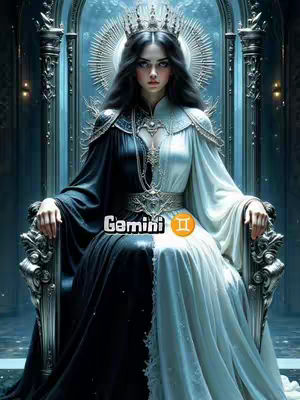 A digital illustration depicts a fantasy queen seated on an ornate throne. The queen is rendered with an elegant figure, wearing a half-black, half-white gown symbolizing duality. Her dark hair is styled with a crown, and she stares directly toward the viewer with a serious expression. The background features architectural elements, with a celestial halo effect behind the queen's head and the zodiac sign for Gemini at the bottom.