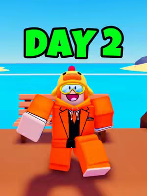 A digitally created image featuring a Roblox character in an orange suit with a duck head helmet, sitting on a bench. The background includes ocean and sky. The text 'DAY 2' is written with a green outline.
