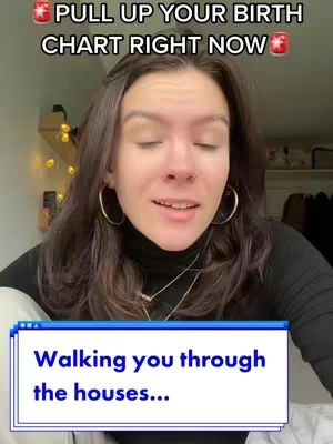 A woman with long, dark hair and gold hoop earrings is centered in the frame, speaking to the camera. Above her are the words, "PULL UP YOUR BIRTH CHART RIGHT NOW", with star emojis at each end. A white and blue overlay with the text "Walking you through the houses..." is at the bottom of the frame. The background is blurred.