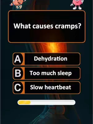 The image is designed like a quiz question layout. At the top, there are cartoon brain illustrations. Below, a black box displays the question 'What causes cramps?' with three answer options: A. Dehydration, B. Too much sleep, and C. Slow heartbeat, each in a smaller black box with white text. A progress bar is at the bottom with a yellow fill. Behind the text, there is a human body with highlighted portion of the body representing cramps.