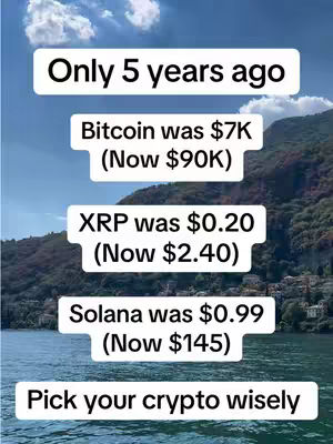 The image is a vertical composition showing a scenic view, possibly a lake or ocean, with mountains in the background and a partially visible blue sky with clouds. The foreground is blue (water). The image contains multiple white rectangular text boxes layered on top of the background. Each box contains lines of text describing financial data, possibly related to cryptocurrency.