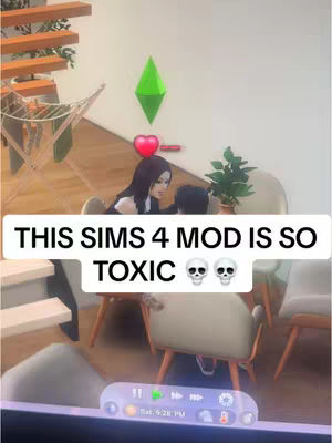 The cover image features a scene from The Sims 4. A text overlay reads, 'THIS SIMS 4 MOD IS SO TOXIC' with skull emojis. The image displays two Sims interacting near a sofa with a heart icon above them, which could indicate a romantic context. The background consists of interior decor elements such as lamps and furnishings, all rendered in a video game's visual style.