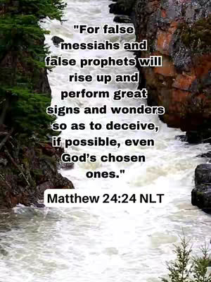 A scenic image featuring a rushing river cascading over rocks, surrounded by lush greenery and rocky cliffs. White, foamy water contrasts with the dark rocks and green foliage, creating a dynamic and natural composition. Overlayed on the image is a Bible verse in a white font.