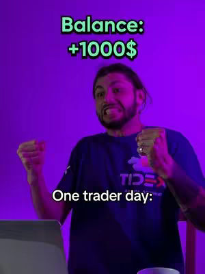 A man with a surprised expression is the central figure, with raised fists, gesturing excitement. The background is a solid, deep purple. Text overlays indicate financial success.