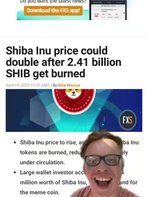 The cover image shows a screenshot of a news article discussing Shiba Inu (SHIB) cryptocurrency. The main subject of the photo is a man reacting with a laughing expression. The background consists of a screenshot of an article with text in white on a black background about Shiba Inu price increase after a 2.41 billion SHIB burn, with some logo.