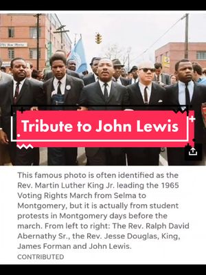 A black and white photograph of a group of men marching down a street. The text overlayed says 'Tribute to John Lewis'. The composition is a medium shot with the subjects taking an entire width of the frame.
