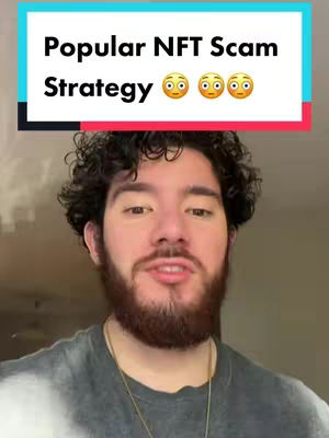 The cover image presents a close-up of a man with curly dark hair and a beard. The man is facing the camera directly, with the background a blurred neutral tone. Overlaid on the top is a rectangular bar with light blue, red and black colors, with the text 'Popular NFT Scam Strategy' in white. Underneath this text are three emoji faces. The man appears to be in a casual setting.