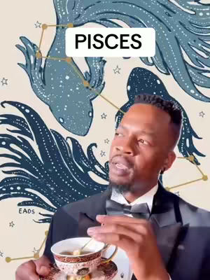 A man in a tuxedo holds a teacup in front of a background depicting two fish, a constellation, and the word PISCES in a white rectangular box. The man is the central figure, looking slightly to the side. The background uses a muted color palette of blue and cream.