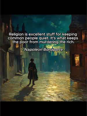 An illustrated image depicts a cobblestone street at dusk, flanked by buildings with lit windows. In the foreground, a figure in colonial era clothing stands with their back to the viewer, cast in shadow. Overlayed text quotes Napoleon Bonaparte.