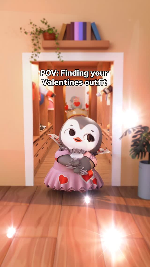A digitally rendered image shows a cartoon penguin character with a pink dress and heart accents, standing in a doorway. Text overlay reads 'POV: Finding your Valentines outfit'. The doorway leads to a brightly lit closet.