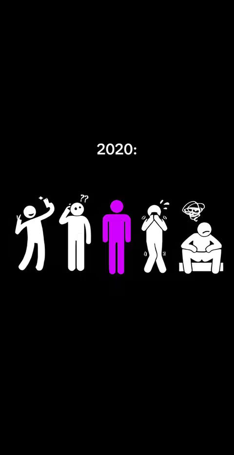 A black background with stick figures representing different emotional states, with the text '2020:' above the figures. From left to right, the figures are: a stick figure with arms raised, a stick figure with a question mark head, a purple stick figure, a stick figure covering its face, and a stick figure sitting down with a thought bubble of a skull.