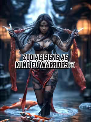 A digital artwork featuring a woman in warrior attire standing in a pond with koi fish, holding two blades amidst an aesthetic scene.
