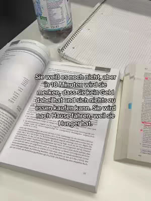 The image shows an open textbook with text and highlights, alongside a notebook, a water bottle, and a book. A text overlay describes a situation. The composition is from a high angle, suggesting a desk or table setting.