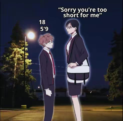 An illustration shows a boy in a suit and glasses is standing next to a woman with dark clothing and a dark hairstyle. The words "Sorry, you're too short for me" are displayed above the woman. Behind the characters appears to be a city setting at night.