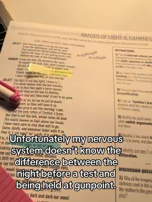 A textbook page from Shakespeare's Romeo and Juliet, with highlighted text and a pink highlighter. The bottom of the image has an overlay of text written over a pink background.
