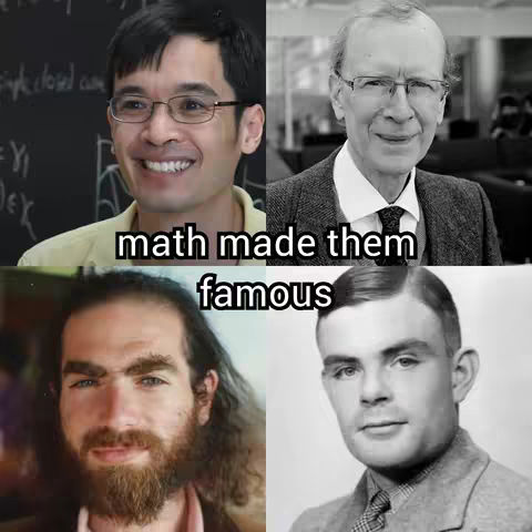 A composite image featuring four portraits, each in a different quadrant. At the top left, a man with glasses smiles in front of a chalkboard. To the top right, a grayscale portrait of an elderly man in a suit and tie. Below is a man with a long beard, and bottom right, a portrait of a man in a suit. The text overlay "math made them famous" is centered at the bottom.