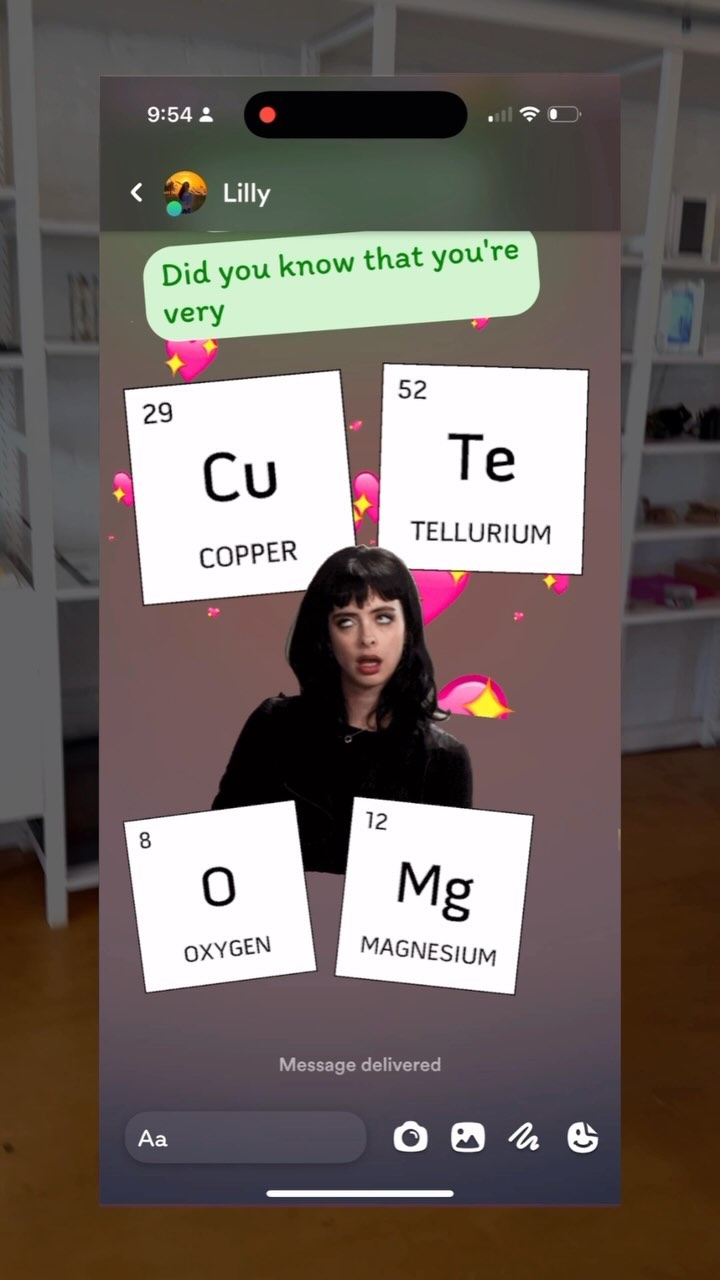 A mobile phone screen displays a text message conversation interface, with a woman's surprised face overlaid in the center. Elements of the periodic table are placed in the background to associate with the subject.
