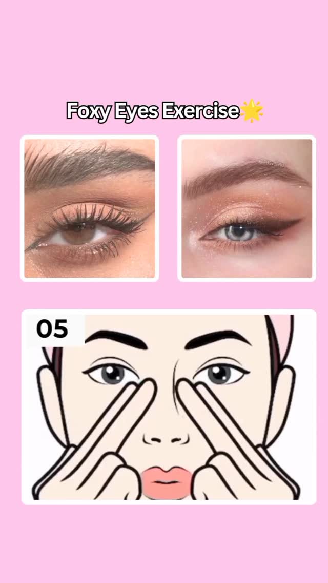 The image combines multiple elements. There are three images, two displaying eyes with makeup and one displaying a cartoon face with fingers touching the eyes near the nose. A pink background makes up the rest of the image. Text over the illustrations says, 'Foxy Eyes Exercise' in white, and there is a yellow star emoji at the end. There is a number '05' at the beginning of the illustration.