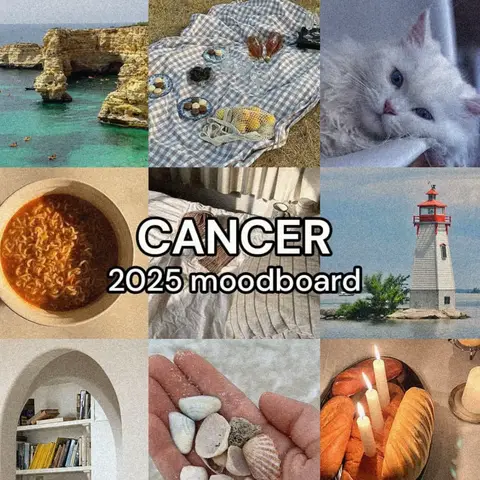 A moodboard composed of nine images arranged in a 3x3 grid. The images display a variety of settings (coastline, picnic) and objects (cat, bowl of noodles, a lighthouse, hand with seashells, bread and candles) with soft, warm tones. Text overlayed features the word "CANCER" and "2025 moodboard".