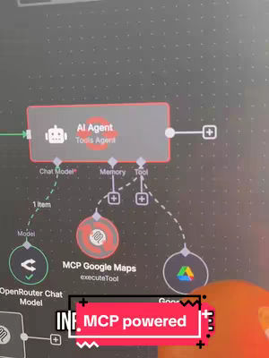 The cover image shows a diagram of an AI agent system. The central element is a rectangular box labeled "Al Agent". Arrows and connecting lines point to various components including "Chat Model", "Memory", and "Tool".  A text overlay at the bottom reads "INF. MCP powered" in a red box.