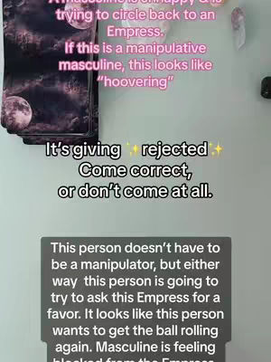 The cover image has a light-colored background, possibly a tabletop. In the upper left, a stack of tarot cards with a moon pattern is partially visible. Several blocks of text are overlaid on the image: one in a pink font with text about the Empress card, one with the phrase "It's giving rejected" in white text with added star-like symbols, and another dark gray/black box with a larger paragraph of text discussing manipulation. The overall composition is well organized, with elements that draw a viewer's eye to the subject matter.