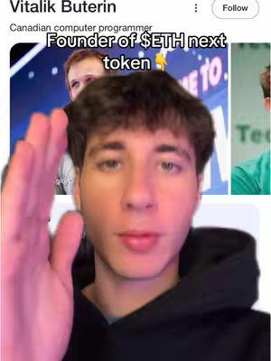 The cover image presents a selfie-style shot featuring a young man with short brown hair. He is positioned in the foreground with his hand raised near his face. Behind him, the image incorporates a blurred background with secondary images and text overlays including a headshot of Vitalik Buterin and the words "Founder of $ETH next token."