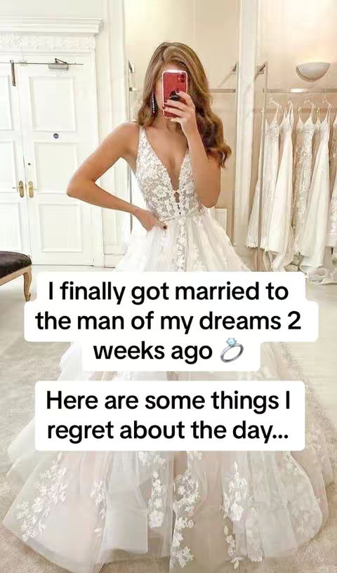 A woman in a wedding dress poses in front of a mirror, holding a phone up to her face to take a selfie. Text overlays provide context.