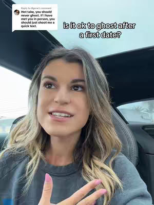 A woman is inside a vehicle, looking towards the camera and talking. Text overlays include a question about ghosting after a first date and a comment from another user.