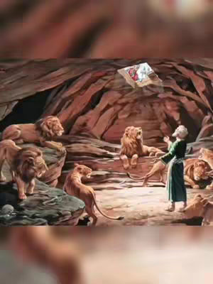 An artistic rendition of Daniel in the lion's den. The foreground features several lions, a man in a robe, and a floating object which appears to be a box. The background shows rock formations and a cave-like interior. The color palette is dominated by earthy tones - browns, oranges, and tans, with the man's robes providing a splash of green.