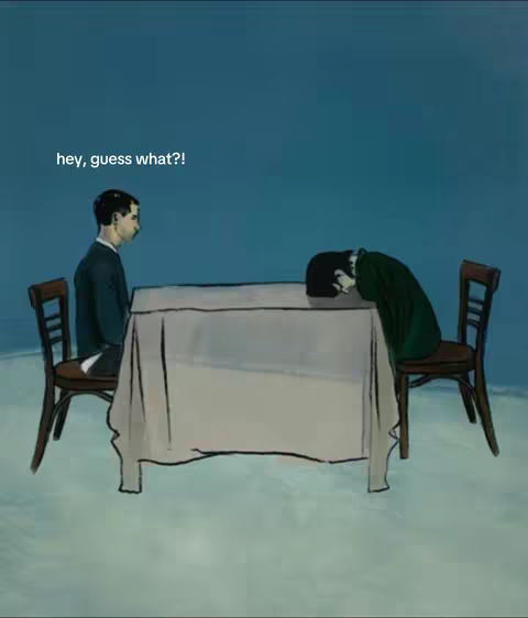 An illustrated scene depicts two figures at a table. One figure sits upright, facing the viewer, while the other is slumped over the table. The background is a solid teal color.