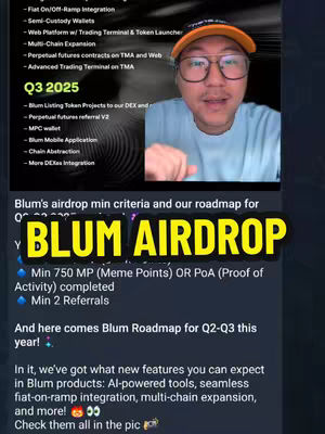 A man with glasses and an orange cap is looking at the camera, with text about Blum airdrop in the background. Text overlayed includes "BLUM AIRDROP".