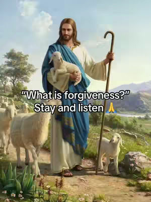 An artistic depiction of Jesus with long brown hair and beard, wearing a blue and white robe, holding a lamb and a staff. He stands in a field with sheep, mountains, and a blue sky in the background.