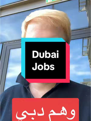 A man is centered in front of a glass and window background wearing a black shirt, in front of a square banner. The colored banner has Dubai Jobs written in the middle, and an arabic phrase at the bottom