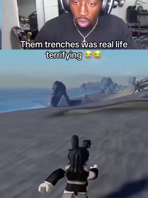 The image is split horizontally. The top half shows a person wearing headphones, reacting with an open mouth and a slight grimace. The bottom half displays a scene from a video game. The game scene has what appears to be a character in a bunny costume with black ears running toward a shoreline with mountains in the background.