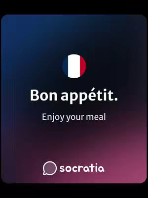 A vertically oriented graphic with a dark gradient background transitioning from deep blue at the top to purple at the bottom. In the center, there is a circular design mimicking the French flag. Below this is white text that reads 'Bon app
étit.' in a bold, sans-serif font, and below it, in a lighter, smaller font, the English translation 'Enjoy your meal'. Below this, near the bottom, is the logo of 'socratia' within a speech bubble.