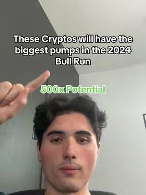 The cover image is a selfie-style shot featuring a young man with dark hair, looking directly at the camera from the chest up. Above his head, text overlays announce, "These Cryptos will have the biggest pumps in the 2024 Bull Run". A hand with an index finger pointing upwards is on the left. Below the text and above the man is another text overlay that says, "500x Potential" in a green rectangular box. The background is a simple wall, and the lighting appears natural.