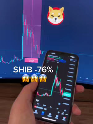 A person's hand holding a phone displaying a stock chart with a downward trend, set against the backdrop of a computer monitor also showing a chart. Above, a Shiba Inu dog logo is fixed. The image uses a dark, cool color palette dominated by blue and red from the charts, with the phone screen providing contrast.