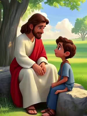 An AI-generated image showing Jesus sitting under a tree talking to a young boy. Jesus is wearing a long white robe with a red sash. The boy is wearing a blue shirt and pants. They are on a green grassy area with a tree and a blue sky in the background. The image has a soft, cartoonish style.