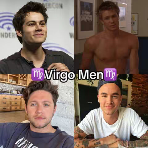 A collage of four different images of men. In the top left, a man in a dark shirt looks towards the right. In the top right, a man is shirtless and looking down. In the bottom left, a man is in a blue shirt and looking forward. In the bottom right, a man with tattoos is smiling. Overlaid is the text "Virgo Men" and the Virgo Zodiac symbol.