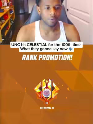 The cover image shows a man in a white tank top against the background of his room with shelves. Below the man, there is a brown background with game UI elements. The main content is a text overlay that has the message of rank promotion.