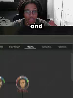 A person wearing glasses and a gray t-shirt is centered in the frame. White text that says 'and' is placed on top of the person. An interface UI of a game is in the bottom half of the frame, revealing the game interface and a series of buttons.