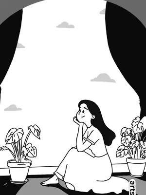 An illustration in grayscale depicts a woman sitting by a window, looking upward with her hand supporting her chin. She is wearing a dress and her dark hair is long and flowing. Potted plants are on either side of her. There are clouds in the sky and the curtains are drawn back. The image is minimalistic in style and uses a limited grayscale color palette.