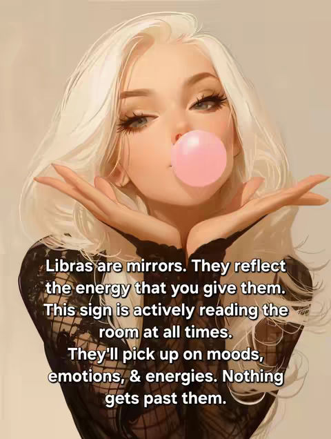 An illustrated image of a woman with long, flowing blonde hair and a pink bubblegum bubble. The woman is facing slightly towards the viewer with a soft, dreamy expression. Text is overlaid, describing the characteristics of Libras.