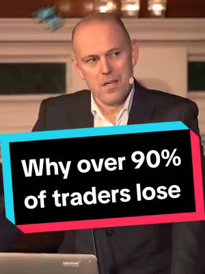 A man in a suit is speaking in front of a soft-focus background. Text overlayed in a rectangle says: 'Why over 90% of traders lose.'