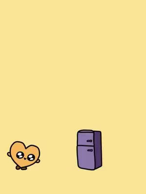 An animated image on a yellow background. On the bottom left, there's a cute, orange heart character with big eyes and small arms, looking towards the right. To the right of the heart, there's a purple refrigerator with a white door. The scene is simple and playful.
